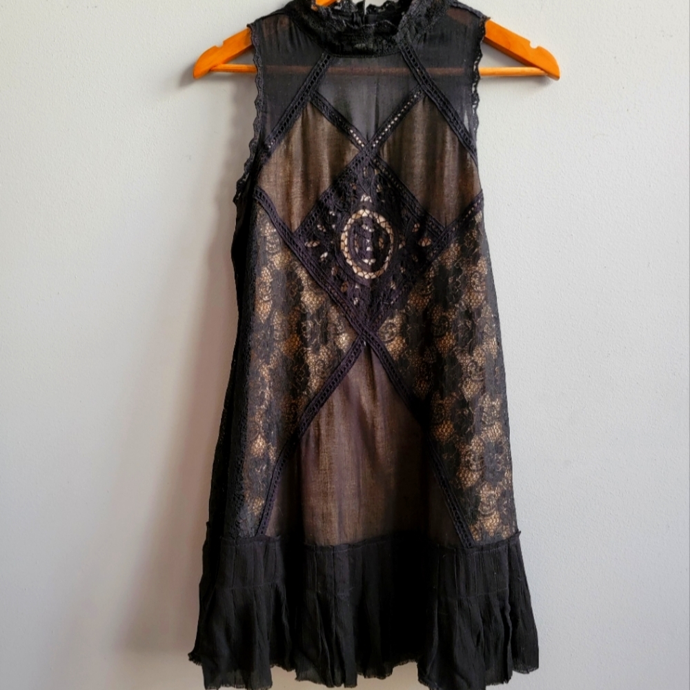 Free People Retro Lace Mock Neck Open Back Mini Dress